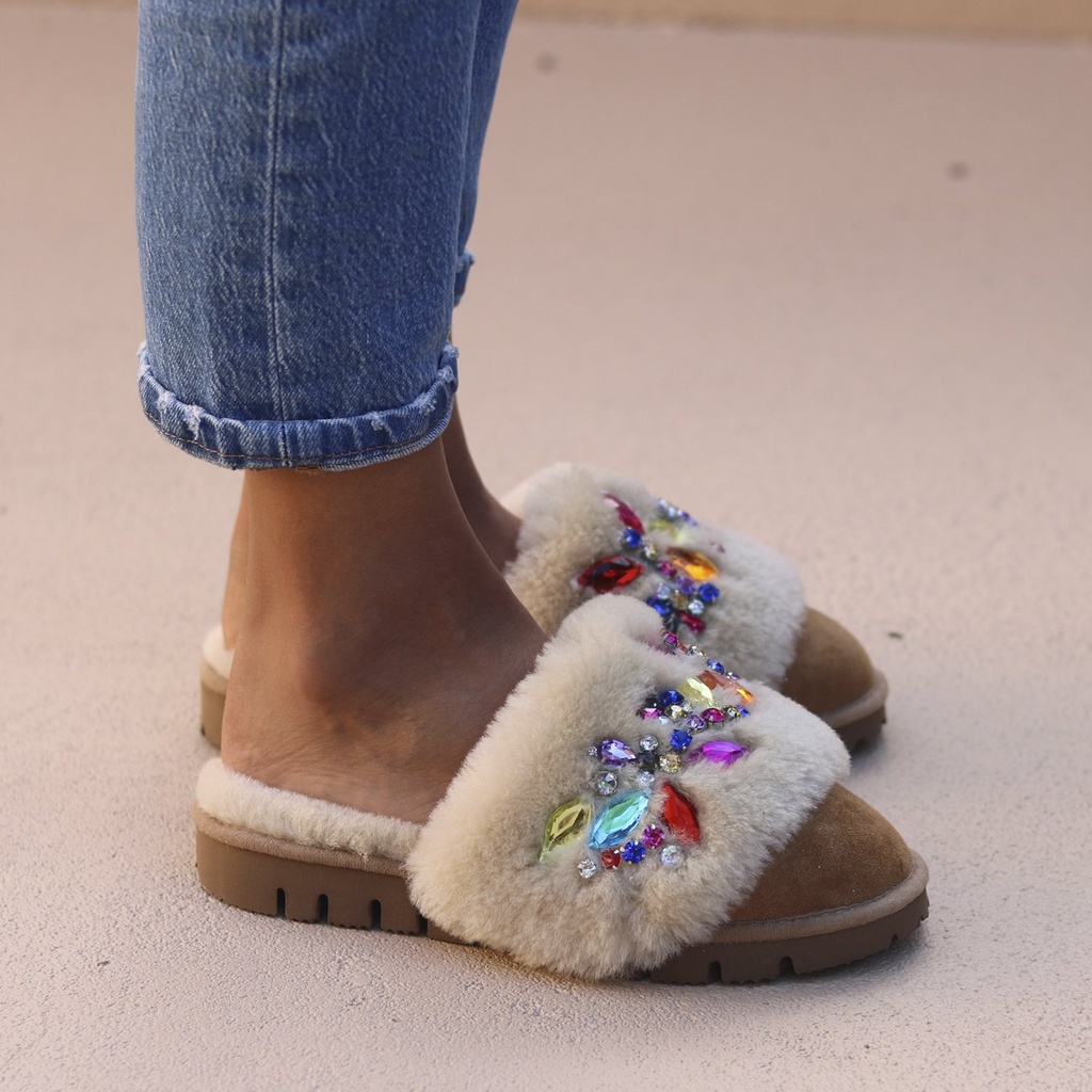 CRYSTAL TAN SHEARLING MULES